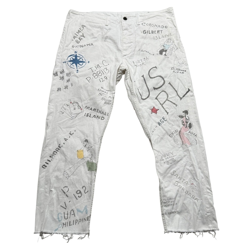 Polo Ralph Lauren Pants Men's 34x30 White Island Graphic Tapered Cut Off Chino